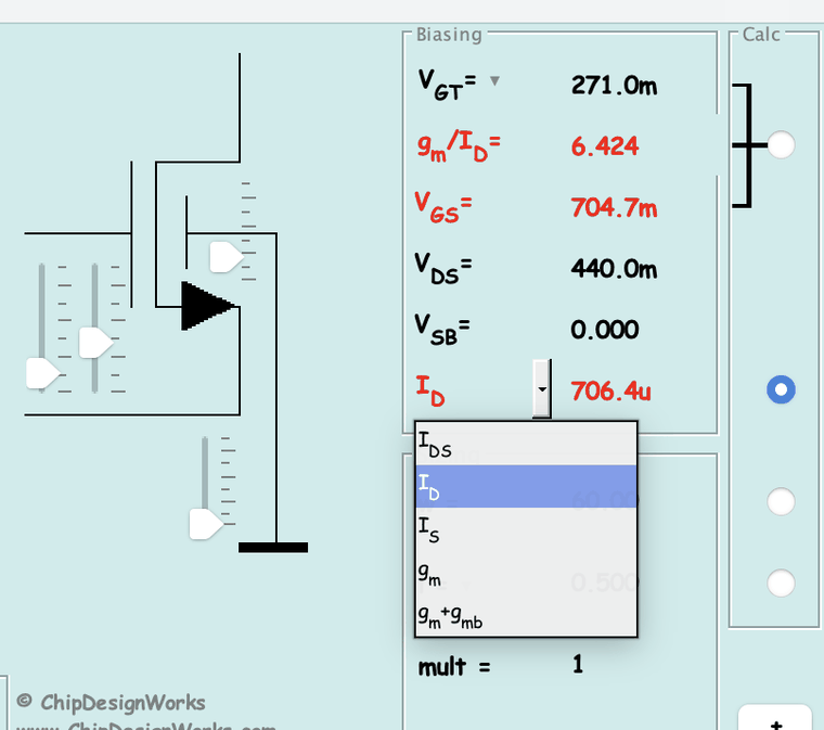 ProMOST bias and sizing pane with the free-parameter selector; entered values in black, solved values in red